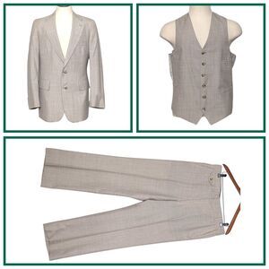 Vintage Chaps By Ralph Lauren 3-Piece Suit Tan Crosshatch Preppy Old Money Rich